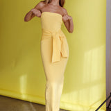Told You So Strapless Waist Tie Knit Maxi Dress Yellow