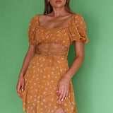Full Hearts Lace-Up Waist Dress Floral Orange