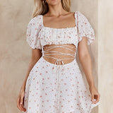 Full Hearts Lace-Up Waist Dress Floral White
