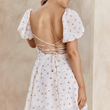 Full Hearts Lace-Up Waist Dress Floral White