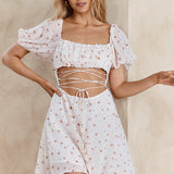 Full Hearts Lace-Up Waist Dress Floral White
