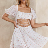 Full Hearts Lace-Up Waist Dress Floral White