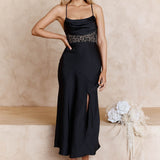 Golden Era Cowl Neck Lace Waist Midi Dress Black