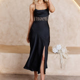 Golden Era Cowl Neck Lace Waist Midi Dress Black