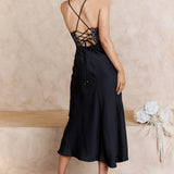 Golden Era Cowl Neck Lace Waist Midi Dress Black