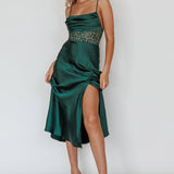Golden Era Cowl Neck Lace Waist Midi Dress Jade