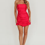 Annabella Strapless Tied Back Frill Hem Mini Dress Fuchsia