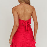 Annabella Strapless Tied Back Frill Hem Mini Dress Fuchsia