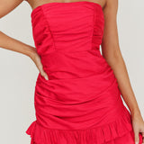 Annabella Strapless Tied Back Frill Hem Mini Dress Fuchsia