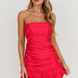 Annabella Strapless Tied Back Frill Hem Mini Dress Fuchsia