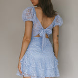 Annabella Puff Sleeve Tied Back Lace Dress Blue