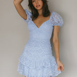 Annabella Puff Sleeve Tied Back Lace Dress Blue