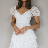 Annabella Puff Sleeve Tied Back Lace Dress White
