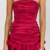 Annabella Strapless Tied Back Frill Hem Mini Dress Plum