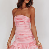 Annabella Strapless Tied Back Frill Hem Mini Dress Baby Pink