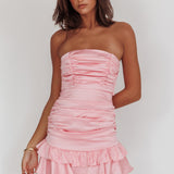 Annabella Strapless Tied Back Frill Hem Mini Dress Baby Pink