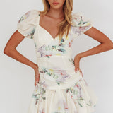Annabella Puff Sleeve Tied Back Mini Dress Floral Butter