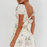 Annabella Puff Sleeve Tied Back Mini Dress Floral Butter