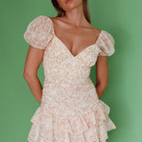 Annabella Puff Sleeve Tied Back Frill Hem Dress Floral Print Orange