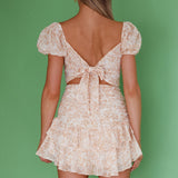 Annabella Puff Sleeve Tied Back Frill Hem Dress Floral Print Orange