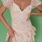 Annabella Puff Sleeve Tied Back Frill Hem Dress Floral Print Orange