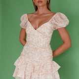 Annabella Puff Sleeve Tied Back Frill Hem Dress Floral Print Orange