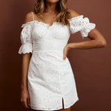 Toluca Puff Sleeve Frill Trim Eyelet Dress White