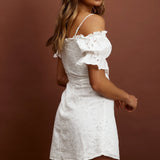 Toluca Puff Sleeve Frill Trim Eyelet Dress White