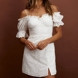 Toluca Puff Sleeve Frill Trim Eyelet Dress White