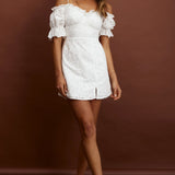 Toluca Puff Sleeve Frill Trim Eyelet Dress White