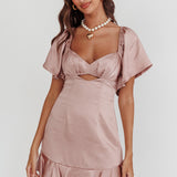 Eyes On You Pleated Bust Angel Sleeve Ruffle Hem Dress Blush
