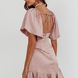 Eyes On You Pleated Bust Angel Sleeve Ruffle Hem Dress Blush