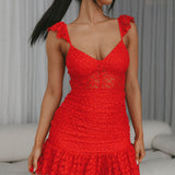 Presley Embroidered Frill Dress Red