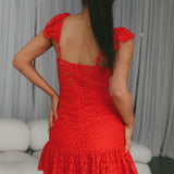 Presley Embroidered Frill Dress Red