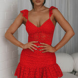 Presley Embroidered Frill Dress Red