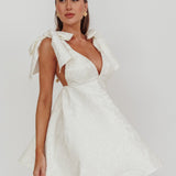 Chantilly Tied Shoulder Jacquard Mini Dress White
