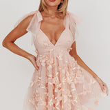 Chantilly Tied Shoulder Mini Dress Floral Embellished Pink