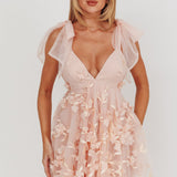 Chantilly Tied Shoulder Mini Dress Floral Embellished Pink