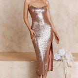 On Broadway Split Sequin Midi Dress Rose Gold