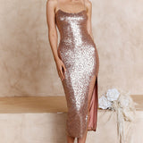 On Broadway Split Sequin Midi Dress Rose Gold