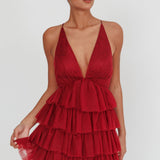 Auguste Tiered Frill Mini Dress Burgundy