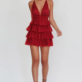 Auguste Tiered Frill Mini Dress Burgundy