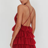 Auguste Tiered Frill Mini Dress Burgundy