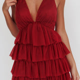 Auguste Tiered Frill Mini Dress Burgundy