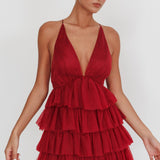 Auguste Tiered Frill Mini Dress Burgundy
