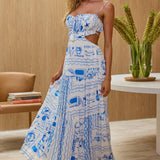 Eyona Cut-Out Back Print Maxi Dress Blue