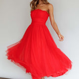 Fayette Strapless Mesh Midi Dress Red