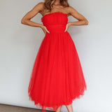 Fayette Strapless Mesh Midi Dress Red