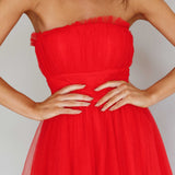 Fayette Strapless Mesh Midi Dress Red