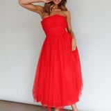 Fayette Strapless Mesh Midi Dress Red